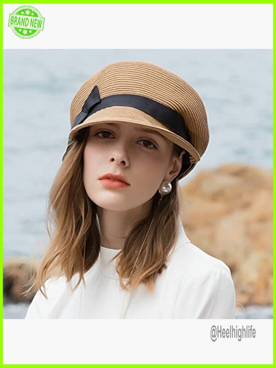 Straw Newsboy Cap with Bowknot, Beach Hat Visor, Lightweight Polyester main image 4